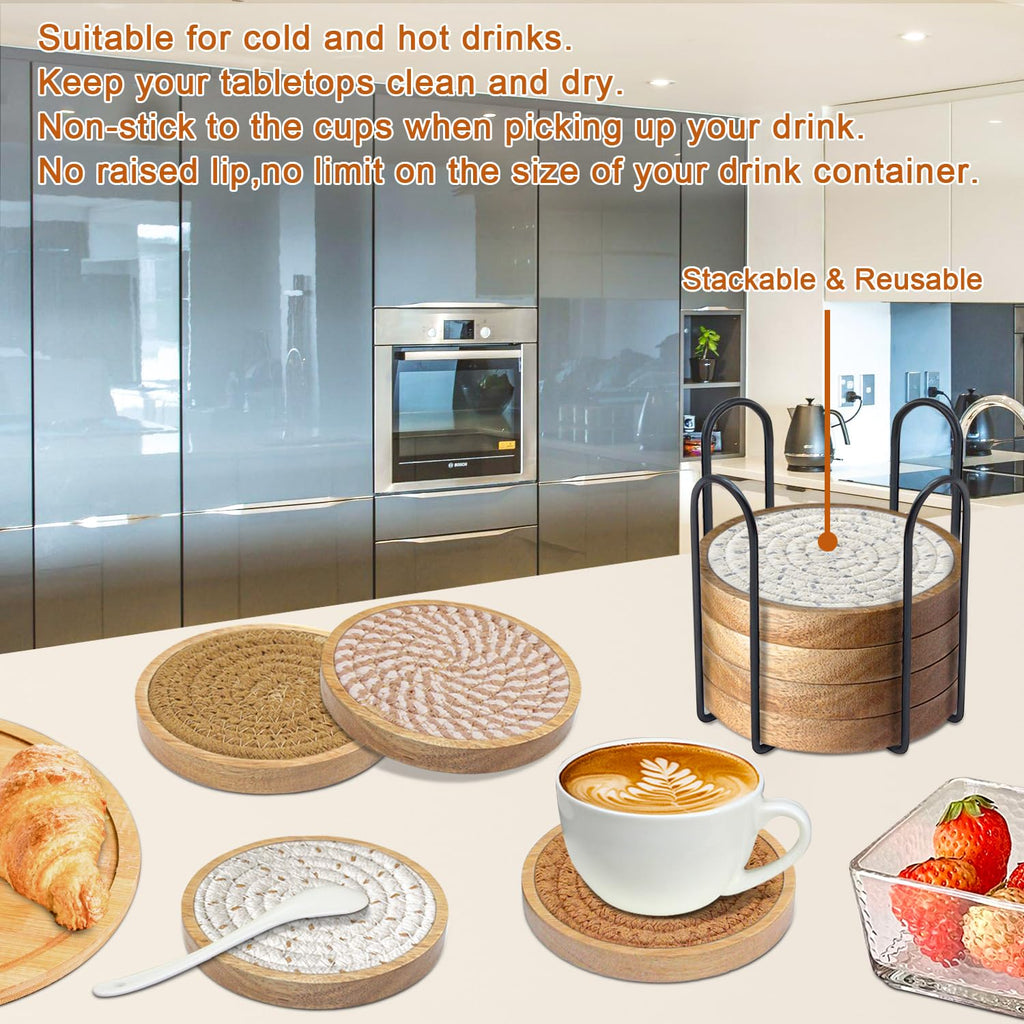 Coasters for Drinks Absorbent Sets of 8, Woven Coasters with Holder, Wood Coasters for Coffee Table, Housewarming