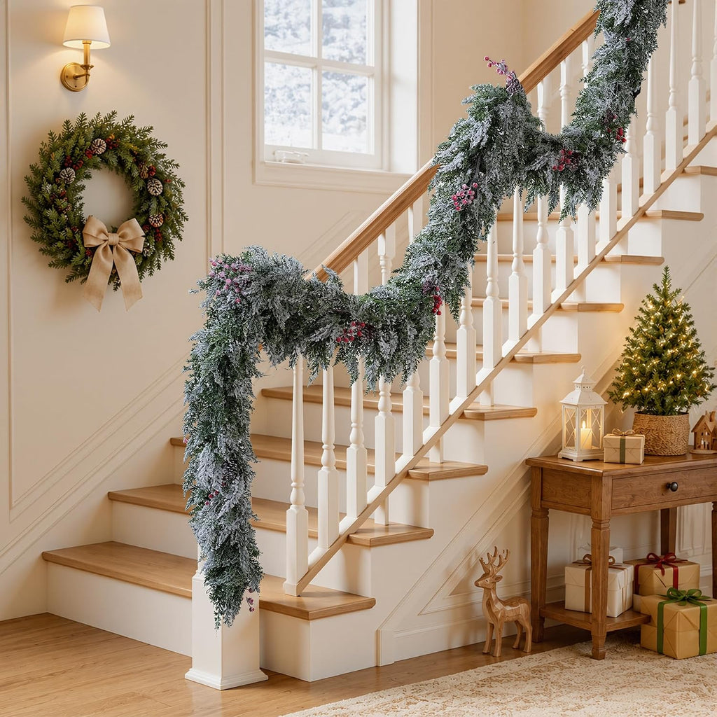 9FT Christmas Cedar Garland Flocked with Artificial Pine Cones Red Berries, Real Touch Faux Greenery Winter Frosted