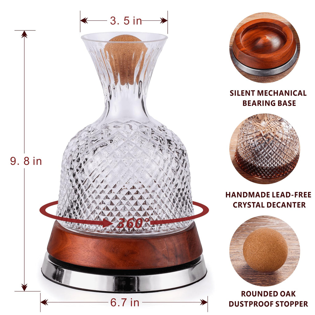 Rotating Wine Decanter Set with Solid Wood Base, Fun Crystal Glass Wine Carafe, Red Wine Decanter, Wine Accessories