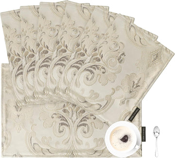 Luxury Damask Floral Placemats Set of 6, Light Apricot | Double Layer Design Jacquard Dining Table Mats Room