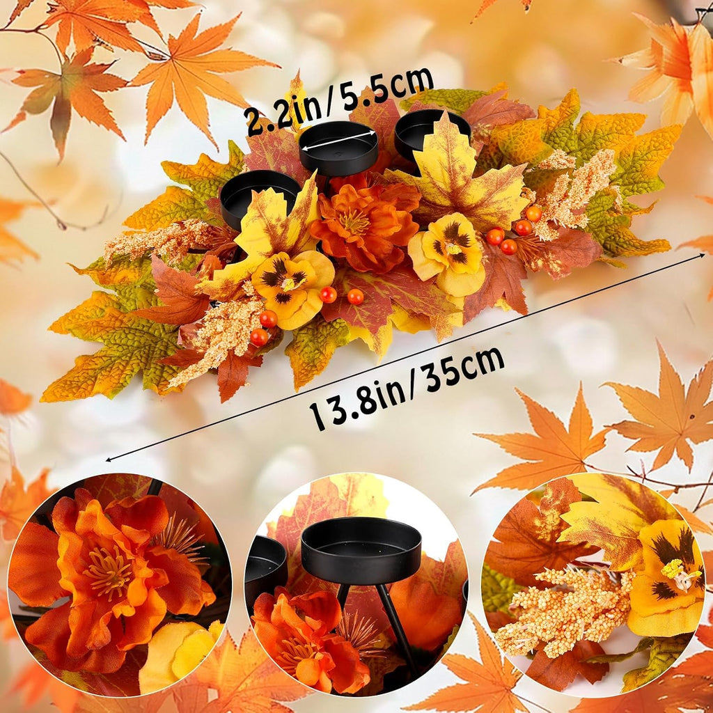 Fall Thanksgiving Centerpiece with 3 Candle Holders Harvest Table Centerpiece Decorations Autumn Maple Leaves - Set of 3