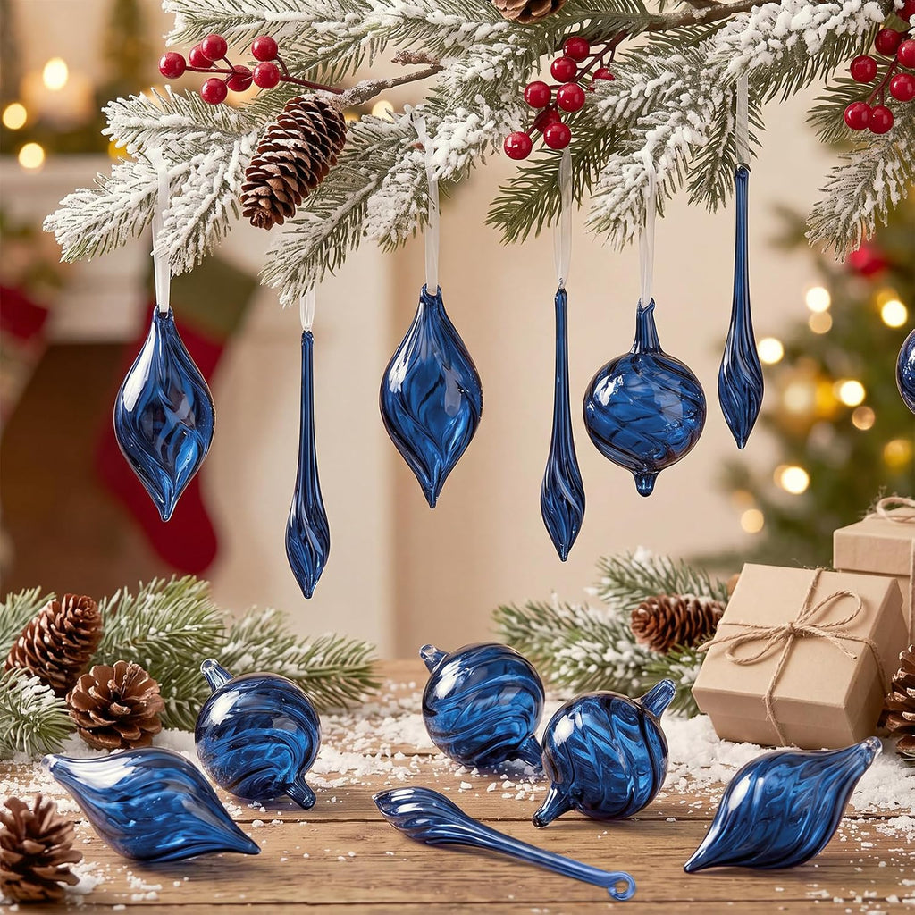 12 Pcs Blue Glass Christmas Ornaments Hand Blown Tree Ornaments