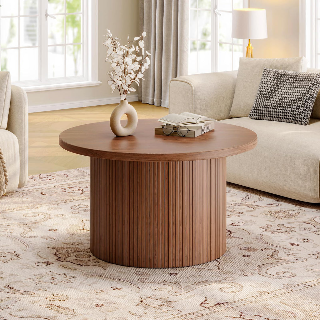 31.5" Round Coffee Table, Tambour Design Coffee Tables, Mid Century Modern Wood Coffee Table, Drum Accent Small