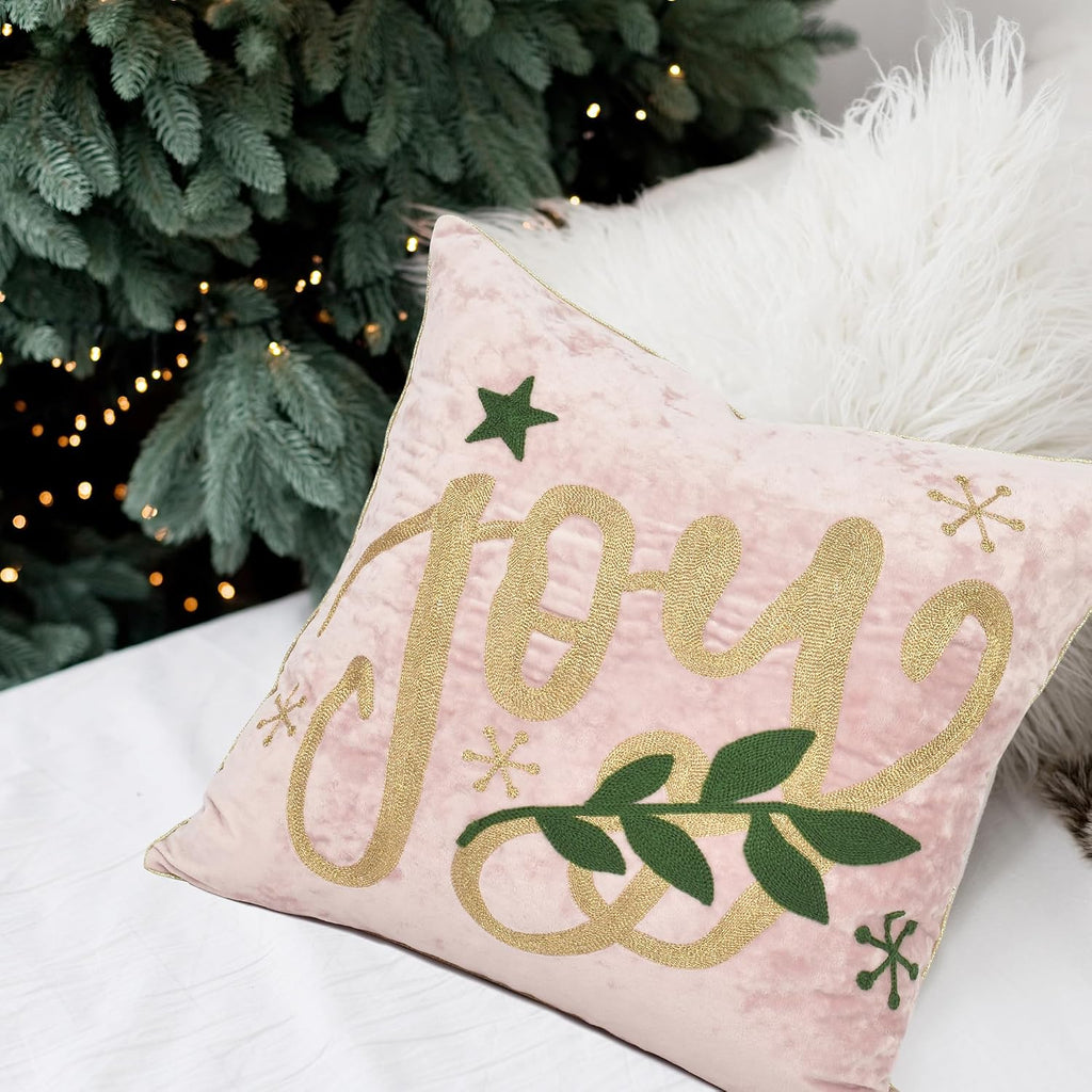 Joy Christmas Pillow Covers 18x18,Embroidered Velvet Christmas Throw Pillow Covers Christmas Decorations Holiday