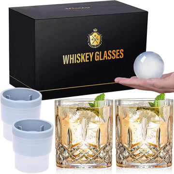 Old Fashioned Whiskey Glasses, Set of 4 (2 Crystal Bourbon Glasses, 2 Round Big Ice Ball Molds) In Gift Box - 11 Oz