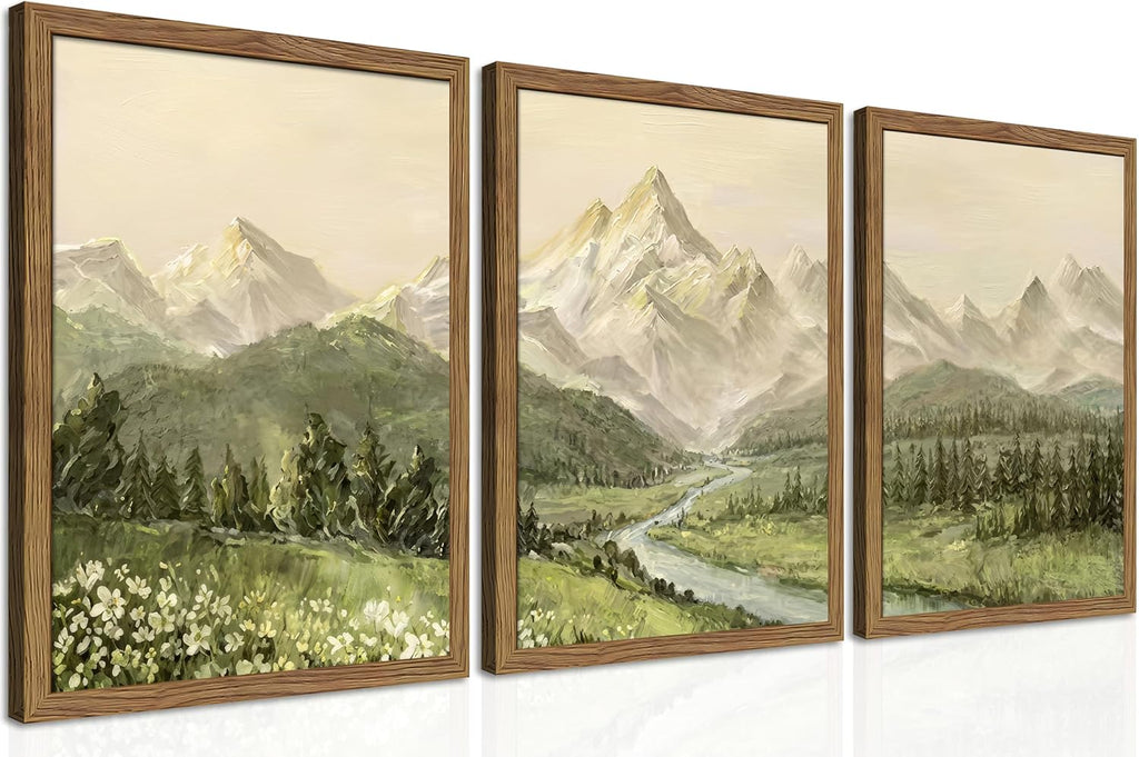 Framed Mountain Wall Art , Green Nature Landscape Canvas Wall Decor Set of 3, Vintage Forest Rustic Farmhouse Prints