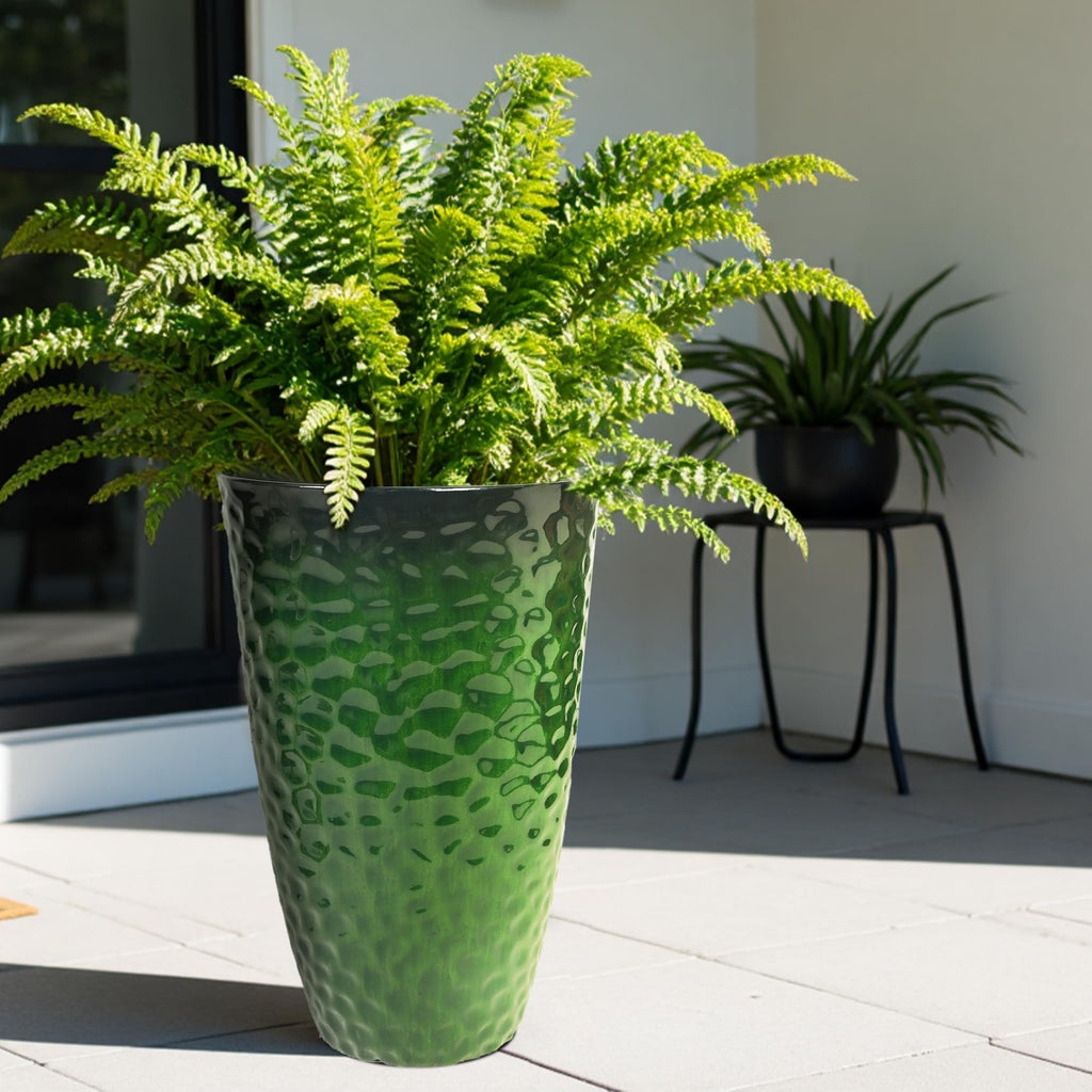 Garden 14" Dia x 24" H Large Plastic Planters with Drainage Hole, Set of 2 Hammered Texture Green Glossy Smooth