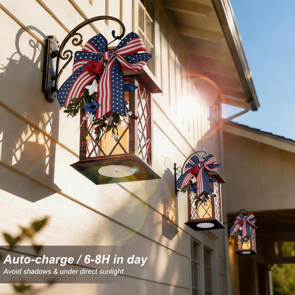 4th of July Solar Lanterns Outdoor Waterproof, Patriotic Hanging Lantern with Flickering LED Candle, 13" Independence