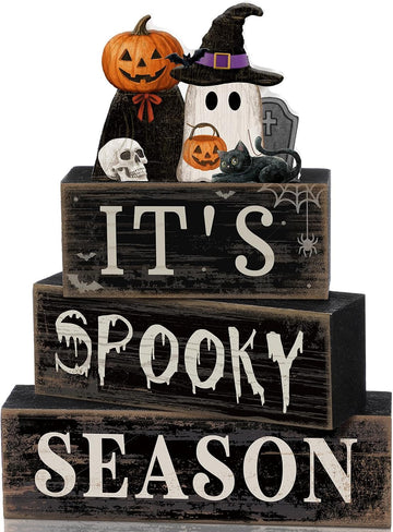 Halloween Table Decor Pumpkin Ghost Wood Stacked Block Decor - Set of 4