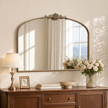 Vintage Arched Gold Mirror: 40"x29" Large Brass Antique Decorative