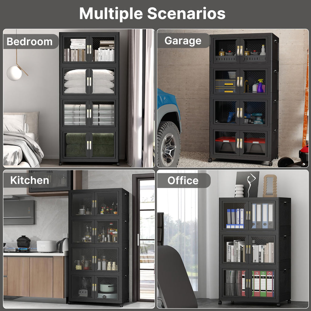 Stackable Storage Bins with Lids, Clear Doors, Large Storage Cabinet Foldable Collapsible Closet Organizers Dorm