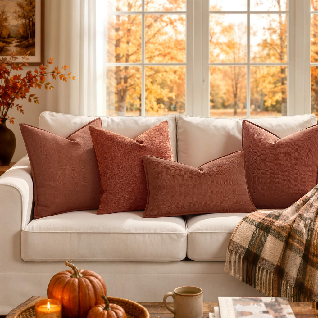Pack of 2 Fall Burnt Orange Decorative Chenille Pillow Covers 18x18