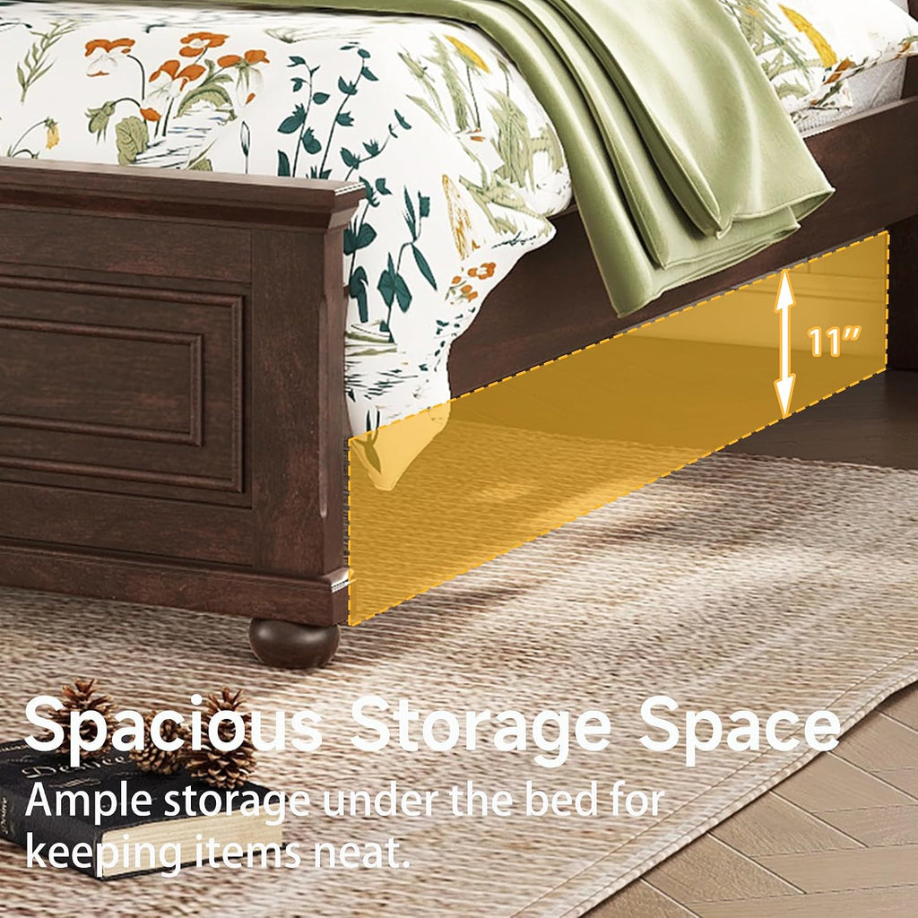 Farmhouse King Bed Frame with Tall Headboard, Wood Platform Bed and Footboard & Charging Station, Mid-Centery Rustic