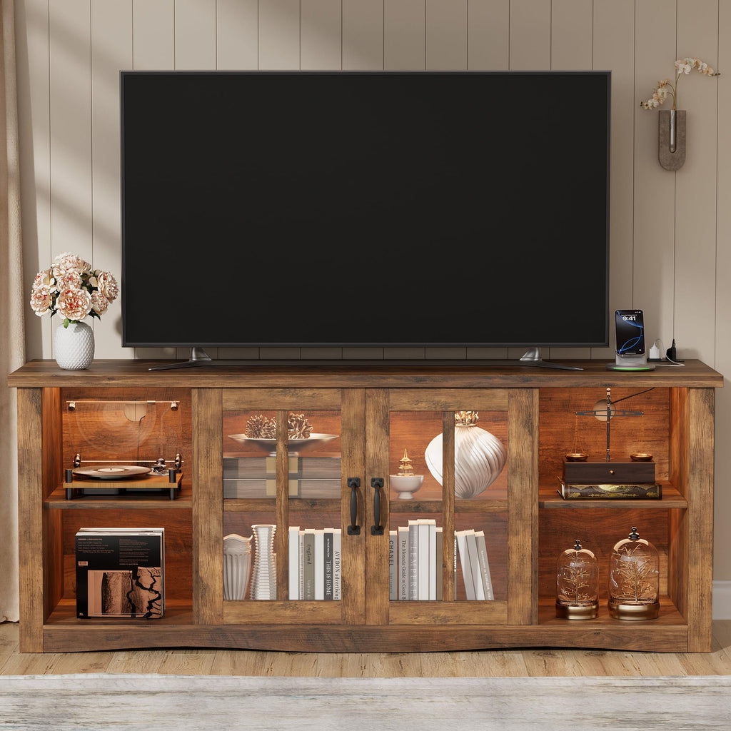 Farmhouse TV Stand with Glass Doors for 65 Inch TV(Rustic Brown)