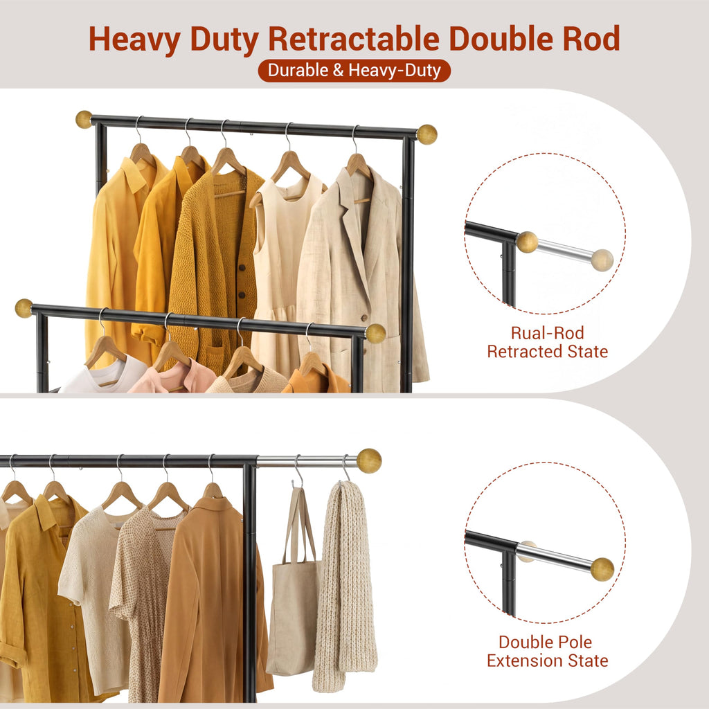 Rolling Garment Rack - Double Rod Clothes Rack with Lockable Casters, Mesh Storage Shelf & Anti-Slip Wooden Finials