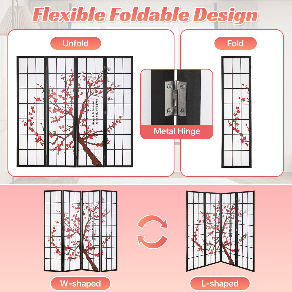 Japanese 4-Panel Screen Room Divider, 6Ft Folding Privacy Divider, White