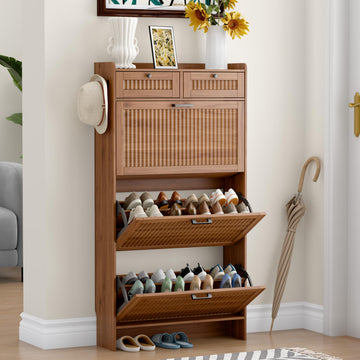 Fluted Shoe Cabinet, 3 Flip & 2 Top Drawers, Walnut