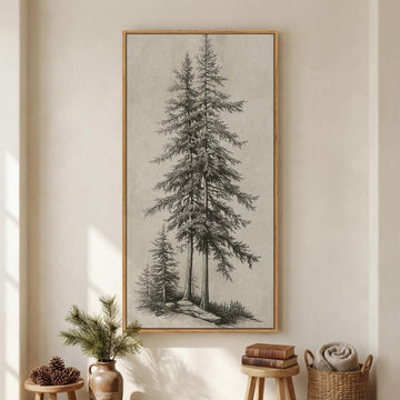 Large Framed Vintage Vertical Pine Tree Wall Art, 30x60 In