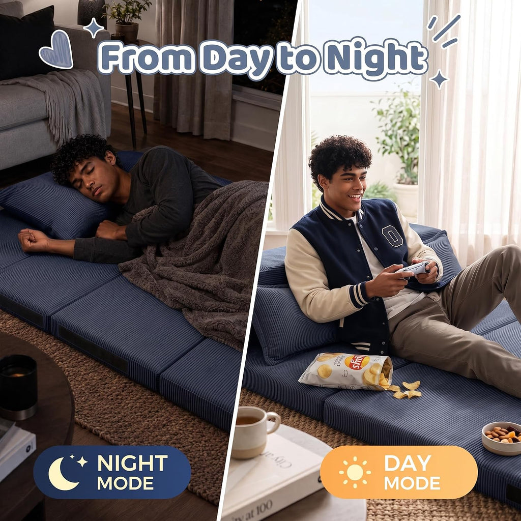 Tri-Fold Futon Mattress, Foldable Japanese Floor Sleep Mattress, High-Density Foam Tatami Bed Mat with Corduroy
