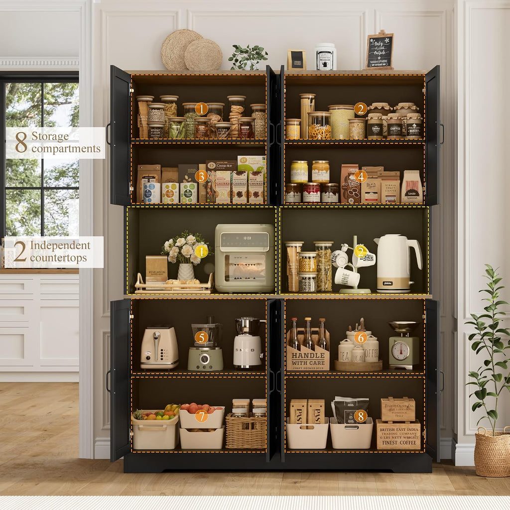 55" W Pantry Cabinet, 71" Tall Kitchen Hutch Storage Cabinet, Black | Farmhouse Hutch Cabinet with 2 Independant