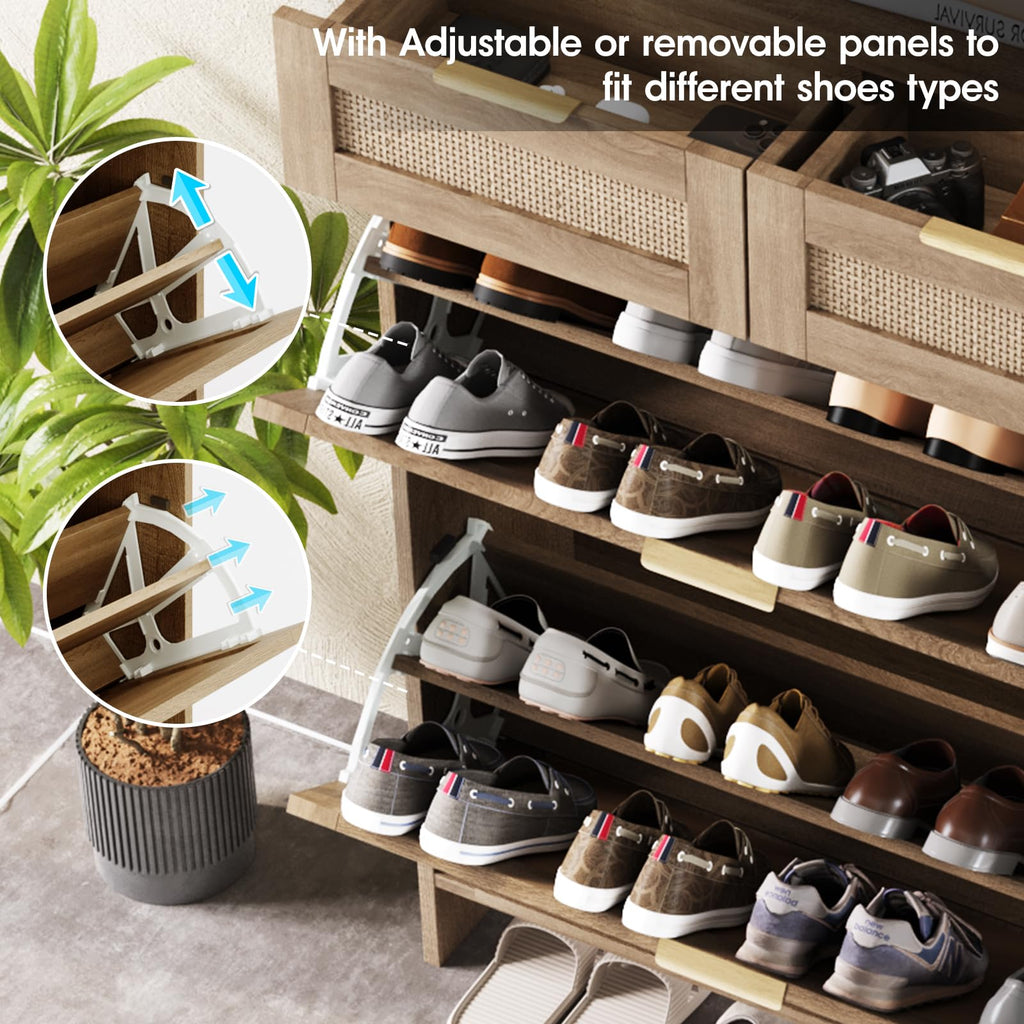 Shoe Cabinet with 2 Flip Drawers & 2 Drawers, Farmhouse Shoe Storage Cabinet, Slim Freestanding Narrow Organizer Rack