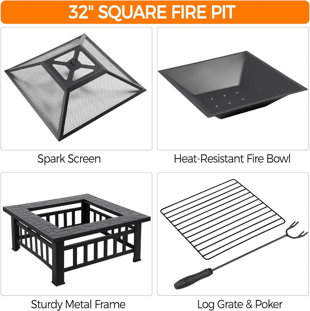 Multifunctional Fire Pit Table 32in Square Metal Firepit Stove Backyard Patio Garden Fireplace for Camping, Outdoor Heating, Bonfire and Picnic - Image 8
