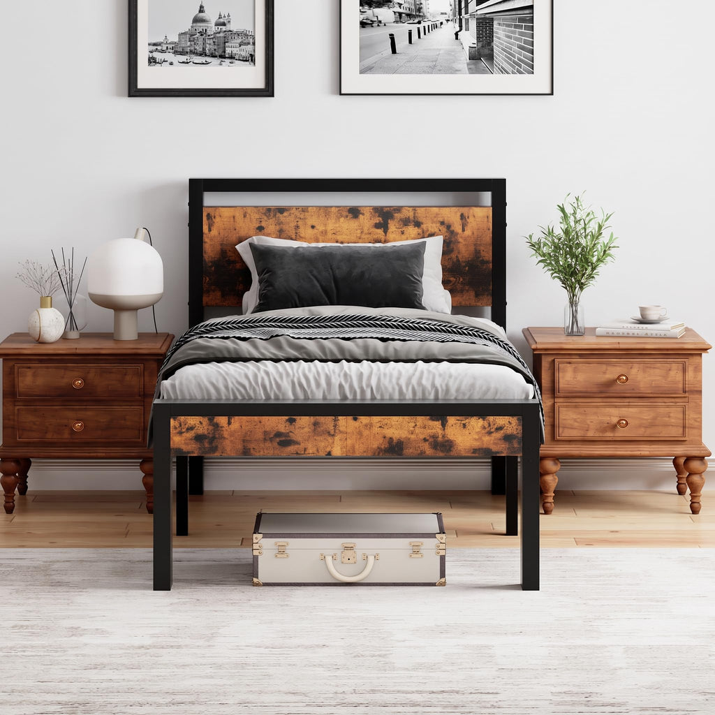 14 Inch Bed Frame with Wood Headboard, Rustic Brown