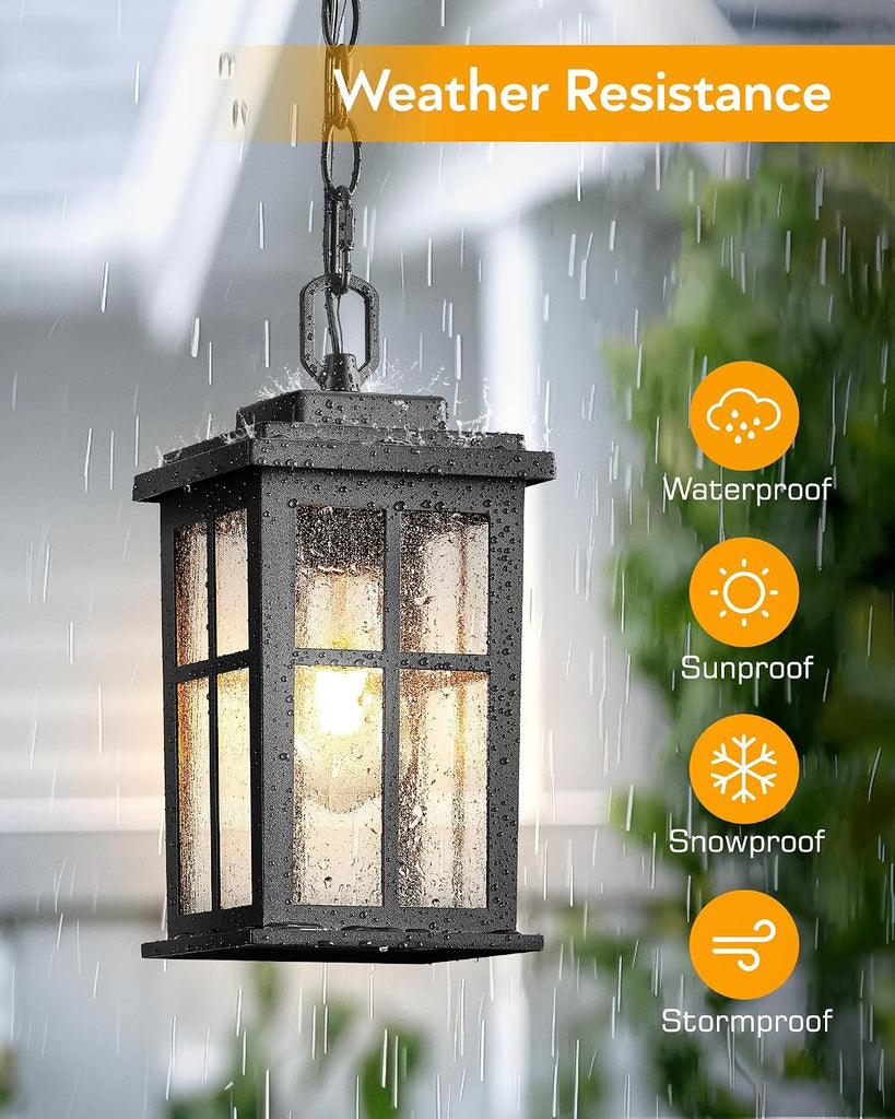 Outdoor Pendant Lights for Porch, Matte Black Outdoor Hanging Lights with Adjustable Chain