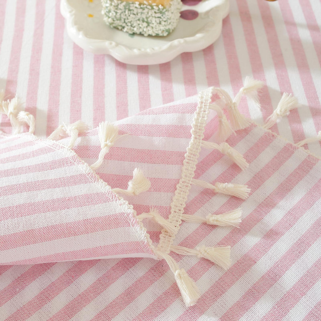 Striped Square Tablecloth, Cotton Blend Fabric Pink Table Cloth with Tassel, Washable Wrinkle Free Table Cover Cute