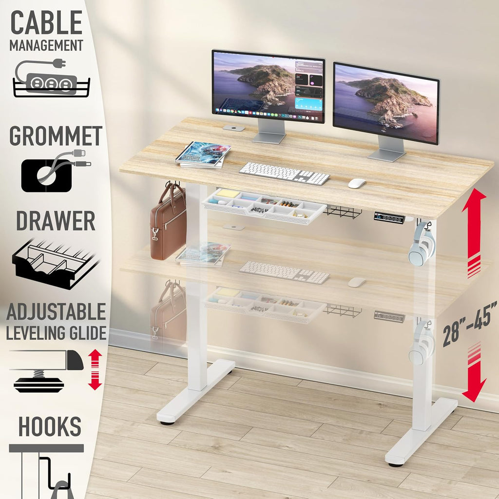 55 x 28 Electric Height Adjustable Standing Desk w/Drawer, Maple | w/ Memory Presets and Cable Management | Drawer
