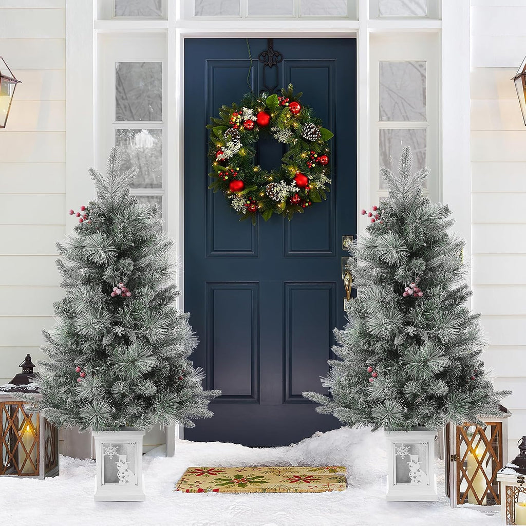 3ft Prelit Snow Flocked Christmas Tree with White Snowman Box Base