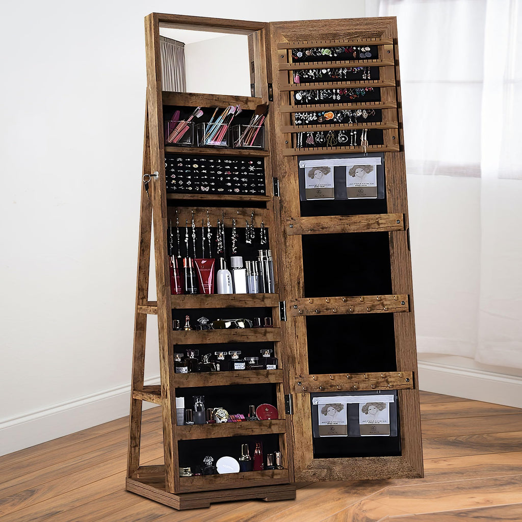 Lockable Floor Standing Wooden Jewelry Armoire with Full Length Mirror 360°Rotatable Jewelry Organizer Cabinet