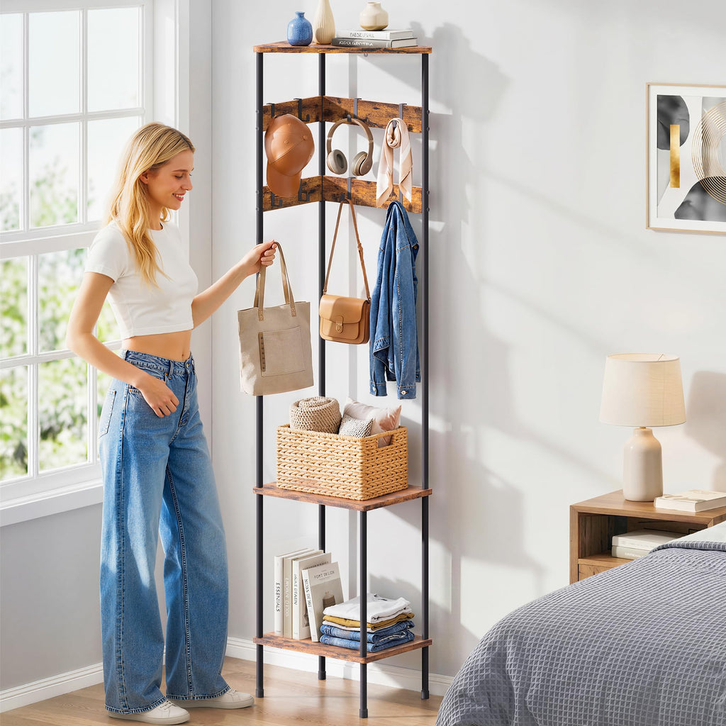 Corner Coat Rack Freestanding with Shelves and 8 Hooks, Rustic Brown