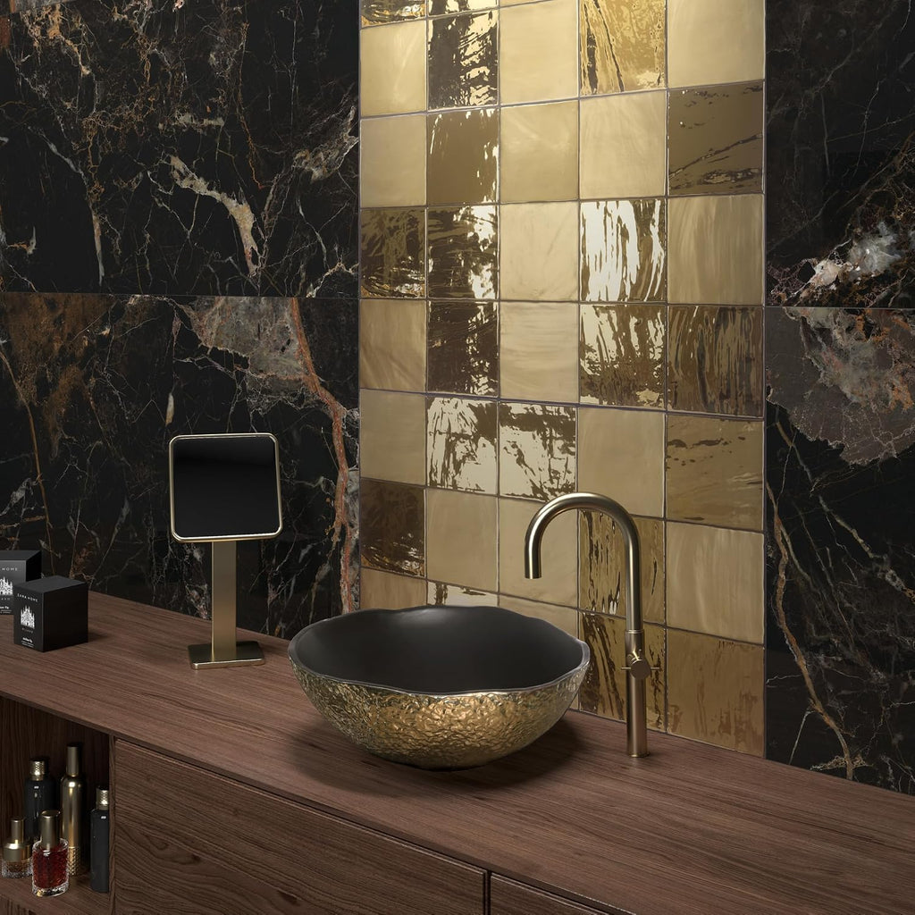 6x6 Glossy Gold Ceramic Wall Tile, Handmade Look Square Tile Backsplash, Bathroom, Shower, Fireplace & Accent Wall (1