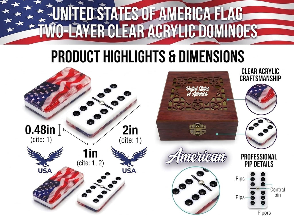 American flag Premium Edition USA Dominoes Set Deluxe - Double Six Domino Tiles with American Flag Design - Resin &
