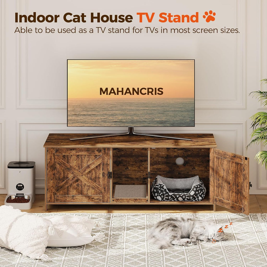 Cat Litter Box Enclosure for 2 Cats, 47.2" Hidden Litter Box Furniture with Double Room, Wooden Cat Washroom