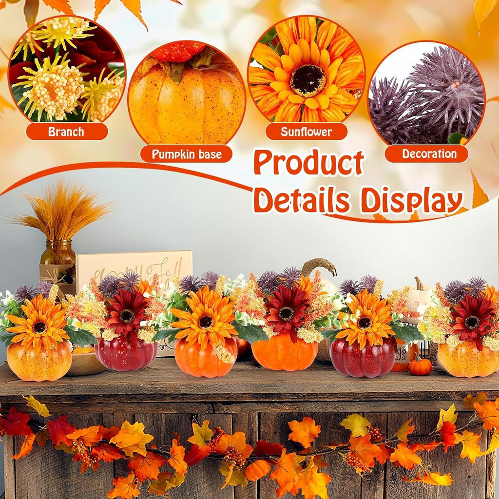 Mini Fall Pumpkin with Artificial Flower Decorations Thanksgiving Sunflower Centerpieces for Tables Harvest - Set of 6