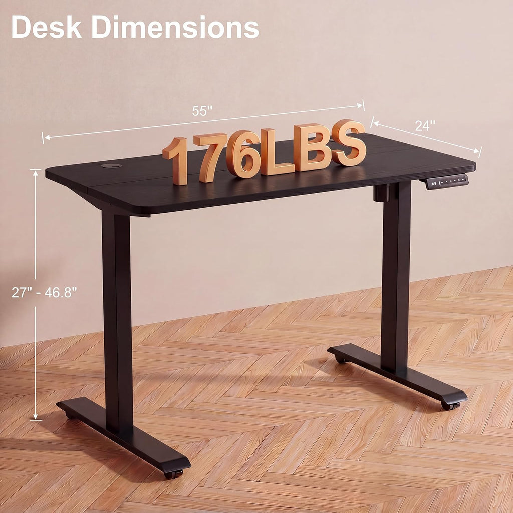 Electric Standing Desk with Power Outlets and USB-C Port, 55 x 24 Inches Adjustable Height Sit Stand Up Desk