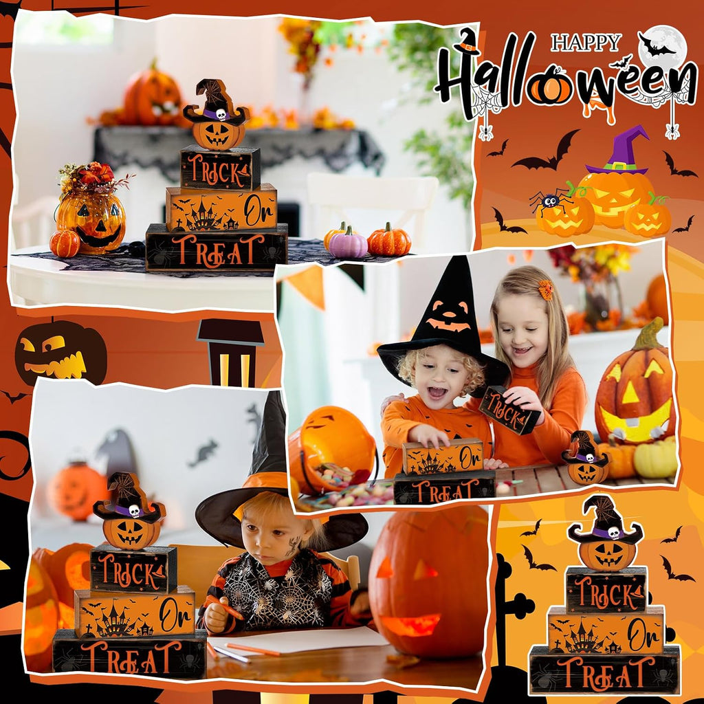 Halloween Table Decor Pumpkin Hat Wooden Sign Centerpiece - Set of 4