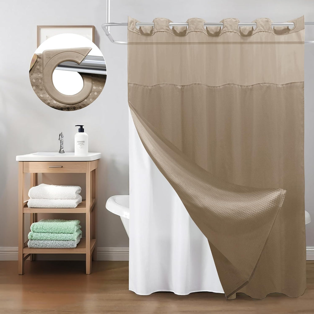 No Hook Shower Curtain with Snap-in Fabric Liner, Waffle Weave 230 GSM Polyester, Weighted Hem, Water Repellent