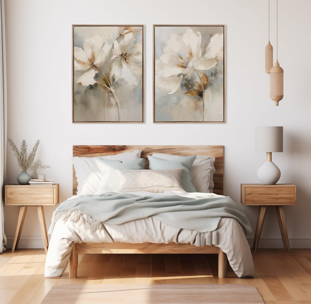 Sylvie Beaded Abstract Botanical Floral Linen Painting 1 and 2 Vintage Framed Canvas Wall Art Set by The Creative