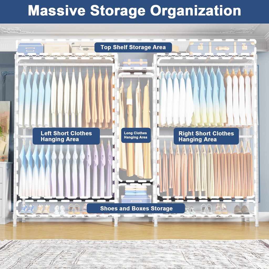 E12C Max Heavy Duty Closet Organizer System, Freestanding Clothing Rack, Adjustable Garment Rack 83" W x 16" D x 76.5"