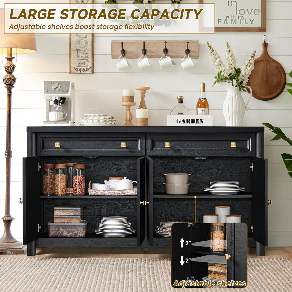 Credenza Storage Cabinet with 4 Doors and 2 Drawers, 59" Large Sideboard Buffet Cabinet, 32.1'' Tall Wood Buffet