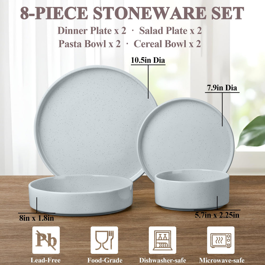 Stoneware Dinnerware Set with Salad Bowls, 8 Piece Plates and Pasta Cereal Bowls for 2, Kitchen Dinner Dish Set