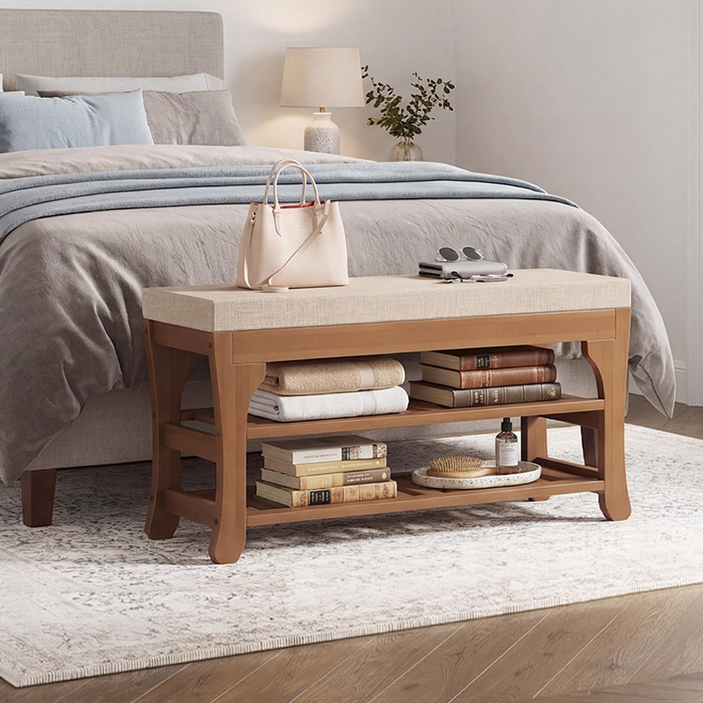 27.6" Shoe Storage Bench with Cushion, Bamboo Shoe Rack Bench, 2-Tier Entryway Shoe Organizer, Supports up to 350 LB