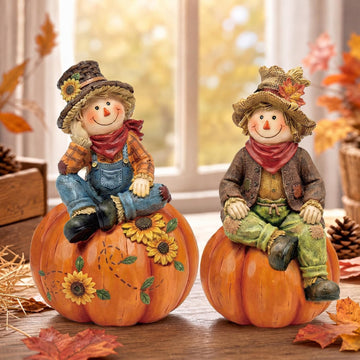 Fall Scarecrows Figurines Wooden Thanksgiving Table Decor - Set of 2