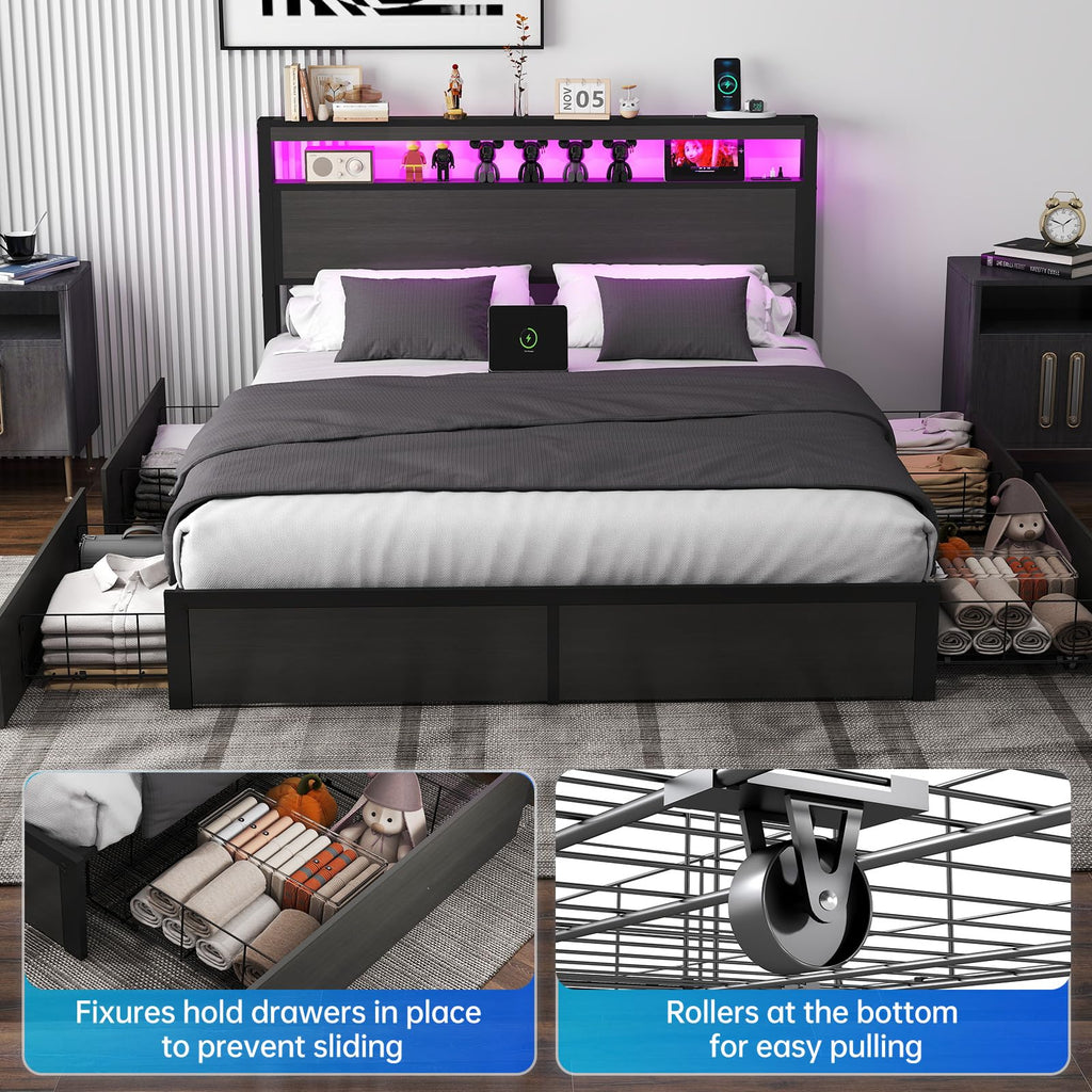 Bed Frame with 2-Tier Storage Headboard and 4 Drawers, Metal Platform Bed Frame with LED & Charging Station, No