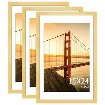 16x24 Picture Frame Gold Set of 3, Display Pictures 12x18 with Mat or 16 x 24 Without Mat, Poster Frames 16x24 Poster