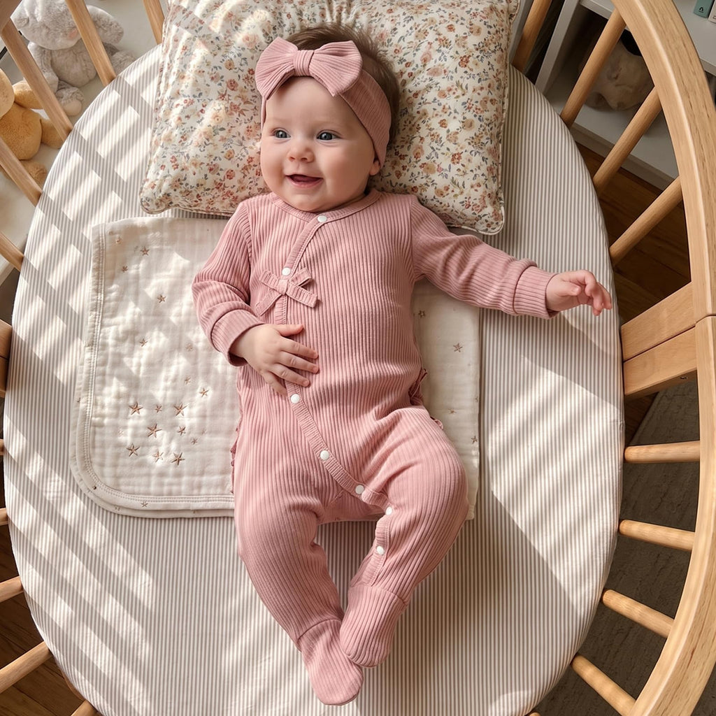 Newborn Girl coming home Outfit Baby Ribbed Knit Romper Side Tie Footed (Pink, Newborn)