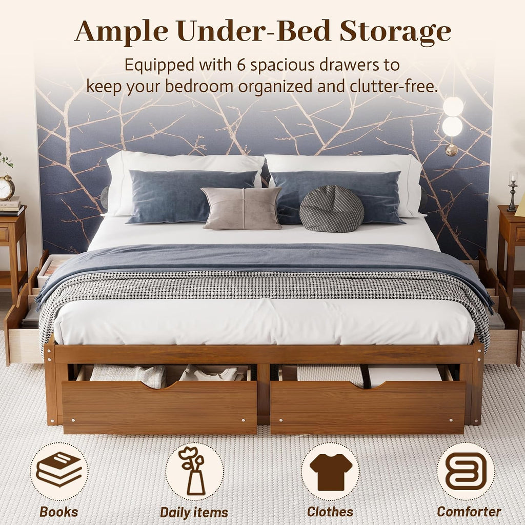 Solid Wood Floor King Bed Frame with Storage Drawers No Headboard(Walnut)